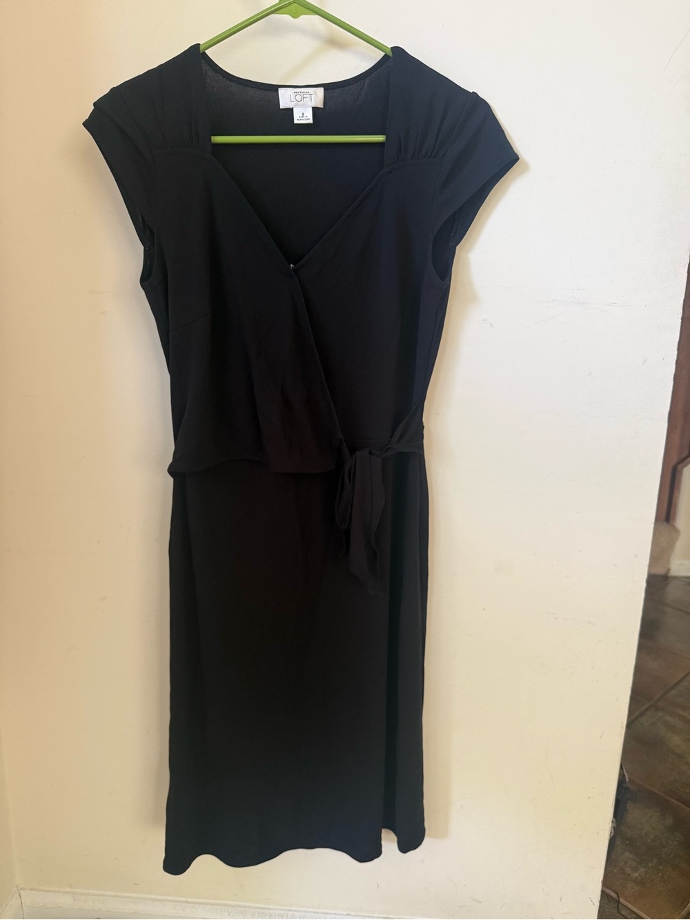 LOFT Black Cap-Sleeve Faux-Wrap Midi Dress
